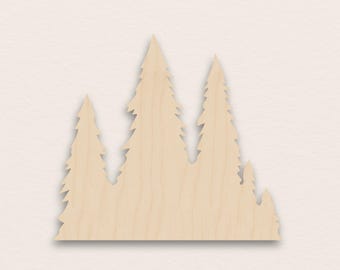 May include: A wooden cutout of a forest scene featuring multiple evergreen trees. The trees are light brown with a natural wood grain, and the design is simple and minimalist. The cutout is likely intended for crafting or decoration.