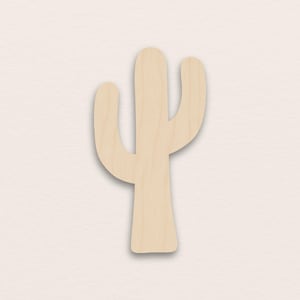 May include: A wooden cactus cutout in a light tan color. The cactus has a tall, central stem with two curved arms extending from the sides. The cutout is smooth and has a natural wood grain.
