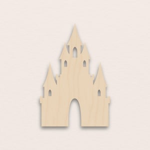 Puede incluir: Un recorte de castillo de madera de color marrón claro. El castillo presenta múltiples torres y puertas arqueadas. El diseño simple y elegante es adecuado para manualidades o decoraciones. El recorte está hecho de madera natural.