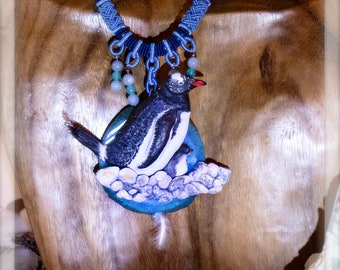 Gentoo Penguin Spirit Bird Necklace - OOAK Hand Sculpted Polymer Clay Pendant - Real Cruelty-Free Penguin Feather