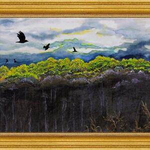 Bird Art Signed Giclée Print DIADEM Of SPRING LIGHT Birches sleep under crown of morning light in moody indigo sky as crows fly image 2