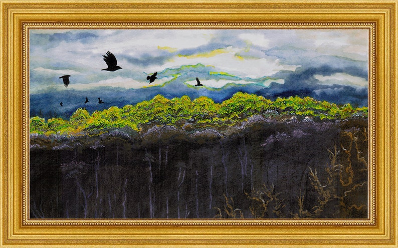 Bird Art Signed Giclée Print DIADEM Of SPRING LIGHT Birches sleep under crown of morning light in moody indigo sky as crows fly image 2