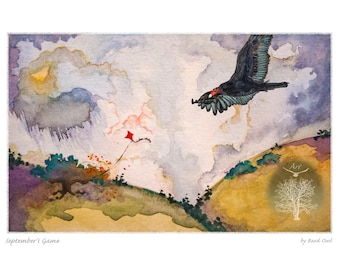 Bird Art Giclee Print – SEPTEMBER’S GAME, golden Autumn hills with red kite and Turkey Vulture soaring overhead