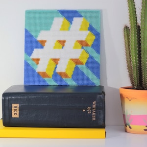 Blue Hashtag # Alphabet tapestry / needlepoint kit in half cross stitch on plastic canvas 15.4 x 15.4cm