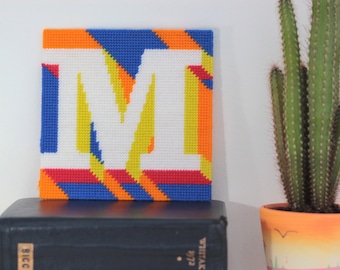 Blue Letter M Alphabet tapestry / needlepoint kit in half cross stitch on plastic canvas 15.4 x 15.4cm