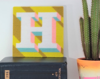 Yellow Letter H Alphabet tapestry / needlepoint kit in half cross stitch on plastic canvas 15.4 x 15.4cm