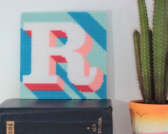 Turquoise Letter R Alphabet tapestry / needlepoint kit in half cross stitch on plastic canvas 15.4 x 15.4cm