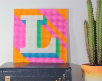 Pink Letter L Alphabet tapestry / needlepoint kit in half cross stitch on plastic canvas 15.4 x 15.4cm