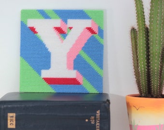Green Letter Y Alphabet tapestry / needlepoint kit in half cross stitch on plastic canvas 15.4 x 15.4cm