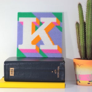 Purple Letter K Alphabet tapestry / needlepoint kit in half cross stitch on plastic canvas 15.4 x 15.4cm image 1