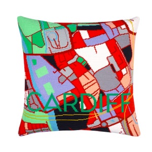 Cardiff City Map tapestry / needlepoint in half cross stitch. 41 x 41cm