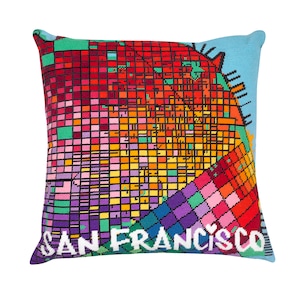 Tapiz/bordado en punto de cruz con el mapa de la ciudad de San Francisco. 41 x 41 cm
