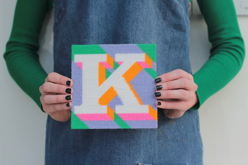 Purple Letter K Alphabet tapestry / needlepoint kit in half cross stitch on plastic canvas 15.4 x 15.4cm image 2