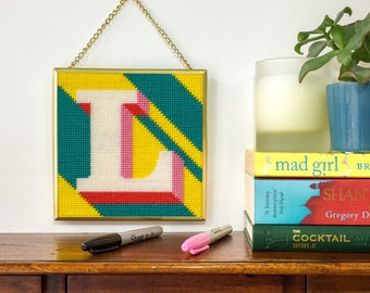 Yellow Letter L Alphabet tapestry / needlepoint kit in half cross stitch on plastic canvas 15.4 x 15.4cm