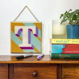 Turquoise Letter T Alphabet tapestry / needlepoint kit in half cross stitch on plastic canvas 15.4 x 15.4cm