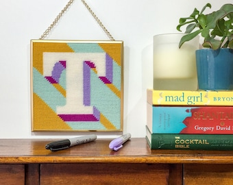 Turquoise Letter T Alphabet tapestry / needlepoint kit in half cross stitch on plastic canvas 15.4 x 15.4cm