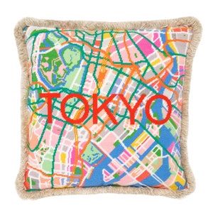 Tokyo Blossom Map tapestry / needlepoint in half cross stitch. 41 x 41cm