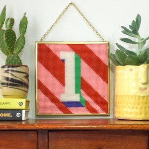 Pink ‘1’ Number tapestry / needlepoint kit in half cross stitch on plastic canvas 15.4 x 15.4cm