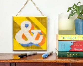 Yellow Ampersand & Alphabet tapestry / needlepoint kit in half cross stitch on plastic canvas 15.4 x 15.4cm