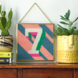 Pink &#39;7&#39; Number tapestry needlepoint kit in half cross stitch on plastic canvas 15.4 x 15.4cm