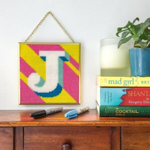 Yellow Letter J Alphabet tapestry / needlepoint kit in half cross stitch on plastic canvas 15.4 x 15.4cm