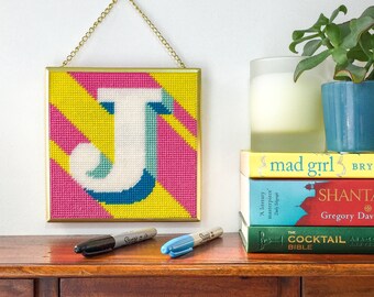 Yellow Letter J Alphabet tapestry / needlepoint kit in half cross stitch on plastic canvas 15.4 x 15.4cm