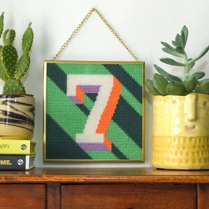 Green &#39;7&#39; Number tapestry needlepoint kit in half cross stitch on plastic canvas 15.4 x 15.4cm