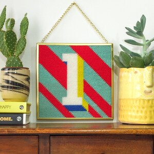 Blue ‘1’ Number tapestry needlepoint kit in half cross stitch on plastic canvas 15.4 x 15.4cm