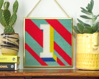 Blue ‘1’ Number tapestry needlepoint kit in half cross stitch on plastic canvas 15.4 x 15.4cm