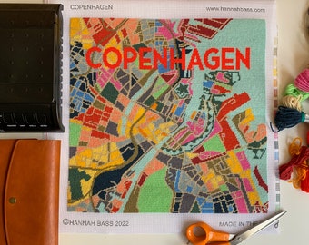 Copenhagen City Map tapestry / needlepoint in half cross stitch. 41 x 41cm