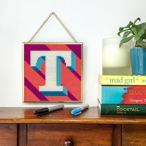 Coral Letter T Alphabet tapestry / needlepoint kit in half cross stitch on plastic canvas 15.4 x 15.4cm