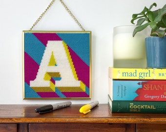 Blue Letter A Alphabet tapestry / needlepoint kit in half cross stitch on plastic canvas 15.4 x 15.4cm