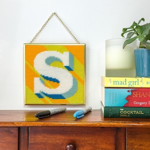 Yellow Letter S Alphabet tapestry / needlepoint kit in half cross stitch on plastic canvas 15.4 x 15.4cm
