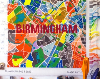 Birmingham City Map tapestry / needlepoint in half cross stitch. 41 x 41cm