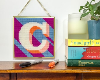 Blue Letter C Alphabet tapestry / needlepoint kit in half cross stitch on plastic canvas 15.4 x 15.4cm