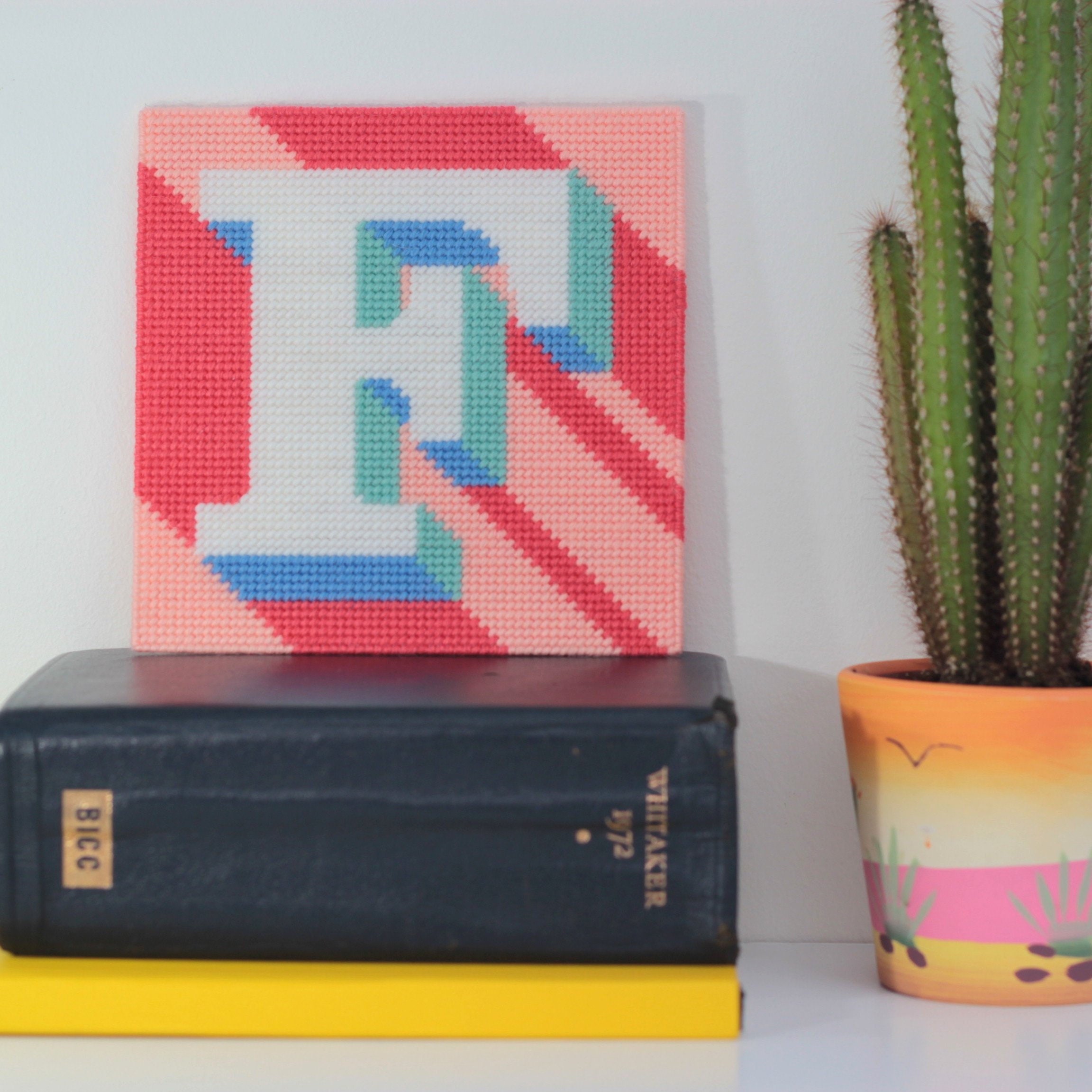 Coral Letter F Alphabet tapestry / needlepoint kit in half cross stitch on plastic canvas 15.4 x 15.4cm