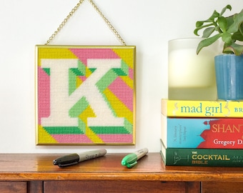 Yellow Letter K Alphabet tapestry / needlepoint kit in half cross stitch on plastic canvas 15.4 x 15.4cm