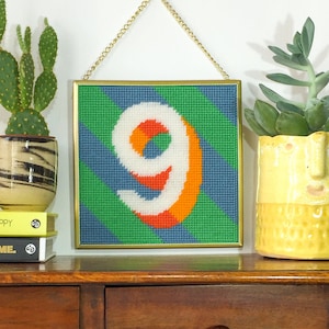 Blue &#39;9&#39; Number tapestry needlepoint kit in half cross stitch on plastic canvas 15.4 x 15.4cm