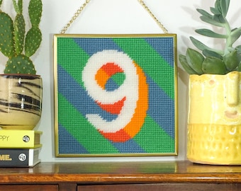 Blue '9' Number tapestry needlepoint kit in half cross stitch on plastic canvas 15.4 x 15.4cm