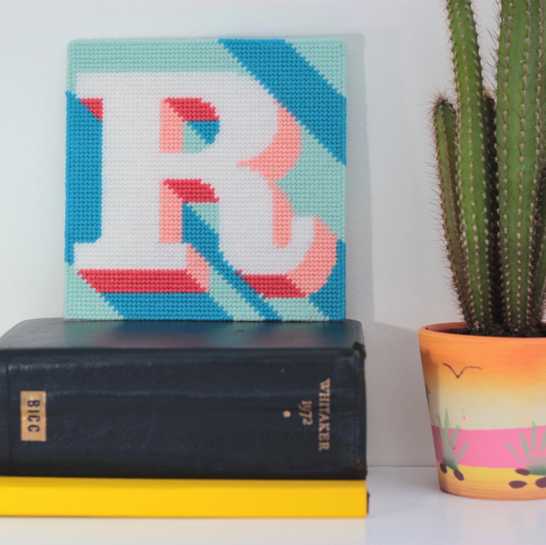 Letter R Tuft Design Turquoise Letter R Alphabet Tapestry / Needlepoint Kit in Half Cross ...