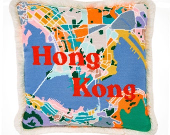 Old Hong Kong City Map tapestry / needlepoint in half cross stitch. 41 x 41cm
