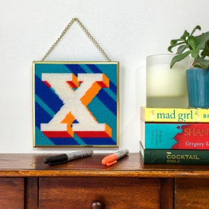 Blue Letter X Alphabet tapestry / needlepoint kit in half cross stitch on plastic canvas 15.4 x 15.4cm