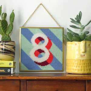 Blue &#39;8&#39; Number tapestry needlepoint kit in half cross stitch on plastic canvas 15.4 x 15.4cm