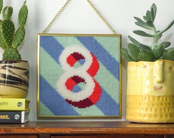 Blue '8' Number tapestry needlepoint kit in half cross stitch on plastic canvas 15.4 x 15.4cm