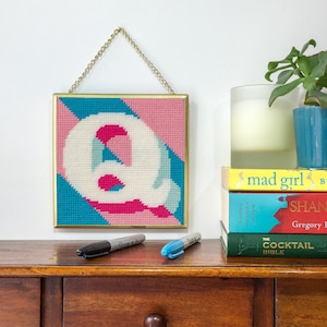 Pink Letter Q Alphabet tapestry / needlepoint kit in half cross stitch on plastic canvas 15.4 x 15.4cm