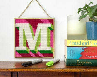 Pink Letter M Alphabet tapestry / needlepoint kit in half cross stitch on plastic canvas 15.4 x 15.4cm