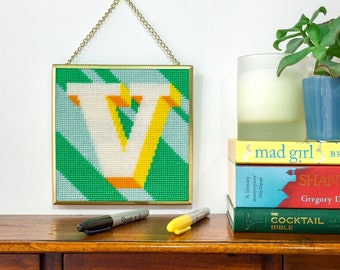 Turquoise Letter V Alphabet tapestry / needlepoint kit in half cross stitch on plastic canvas 15.4 x 15.4cm