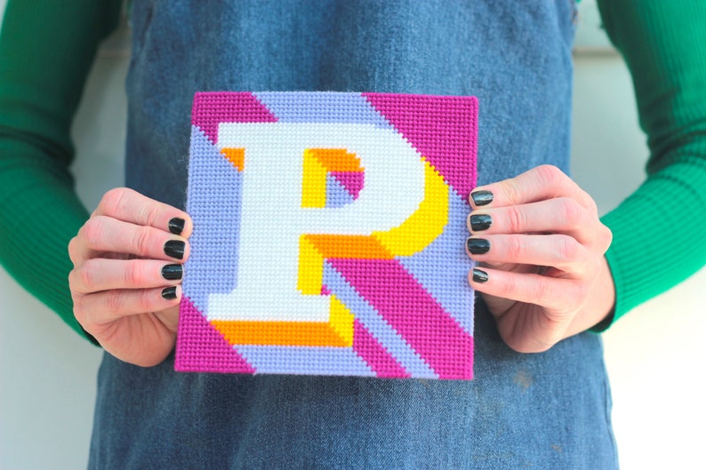 Purple Letter P Alphabet tapestry / needlepoint kit in half cross stitch on plastic canvas 15.4 x 15.4cm image 2