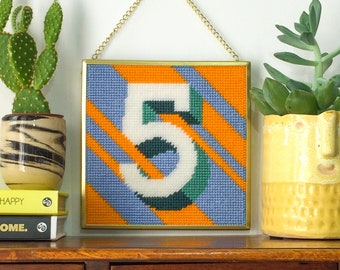 Blue '5' Number tapestry needlepoint kit in half cross stitch on plastic canvas 15.4 x 15.4cm