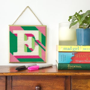 Green Letter E  Alphabet tapestry / needlepoint kit in half cross stitch on plastic canvas 15.4 x 15.4cm